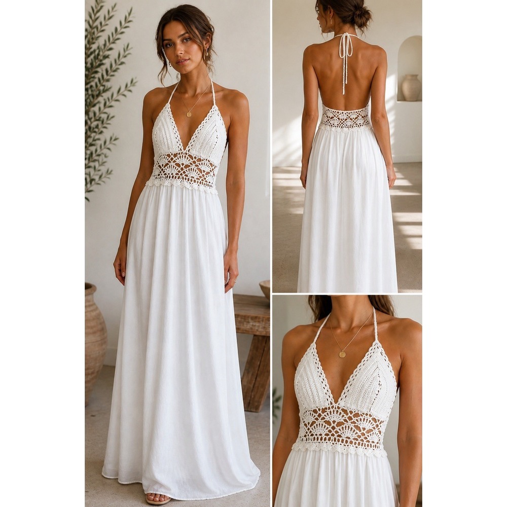 Lilbetter Maxi Dress Women's Small White Crochet Halter Top Backless Lined Boho